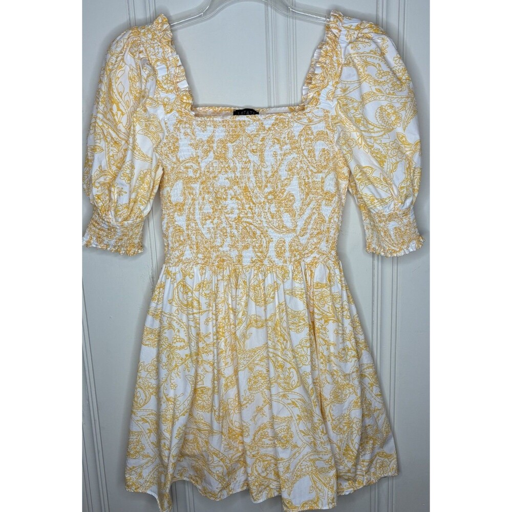 Smocked 100% Cotton Dress Size Large Yellow Floral Puff Sleeve Garden Cottage - Picture 2 of 6